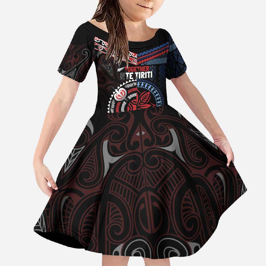 Aotearoa and Samoa Together For Te Tiriti Family Matching Summer Maxi Dress and Hawaiian Shirt Kowhaiwhai Mix Siapo - Flag Color LT7 Daughter's Dress Black - Polynesian Pride