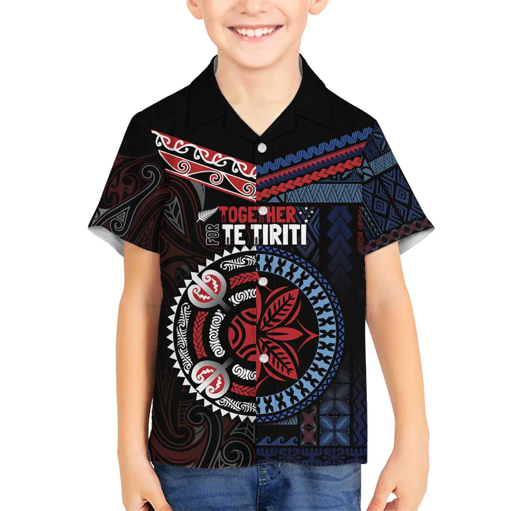 Aotearoa and Samoa Together For Te Tiriti Family Matching Summer Maxi Dress and Hawaiian Shirt Kowhaiwhai Mix Siapo - Flag Color LT7 Son's Shirt Black - Polynesian Pride