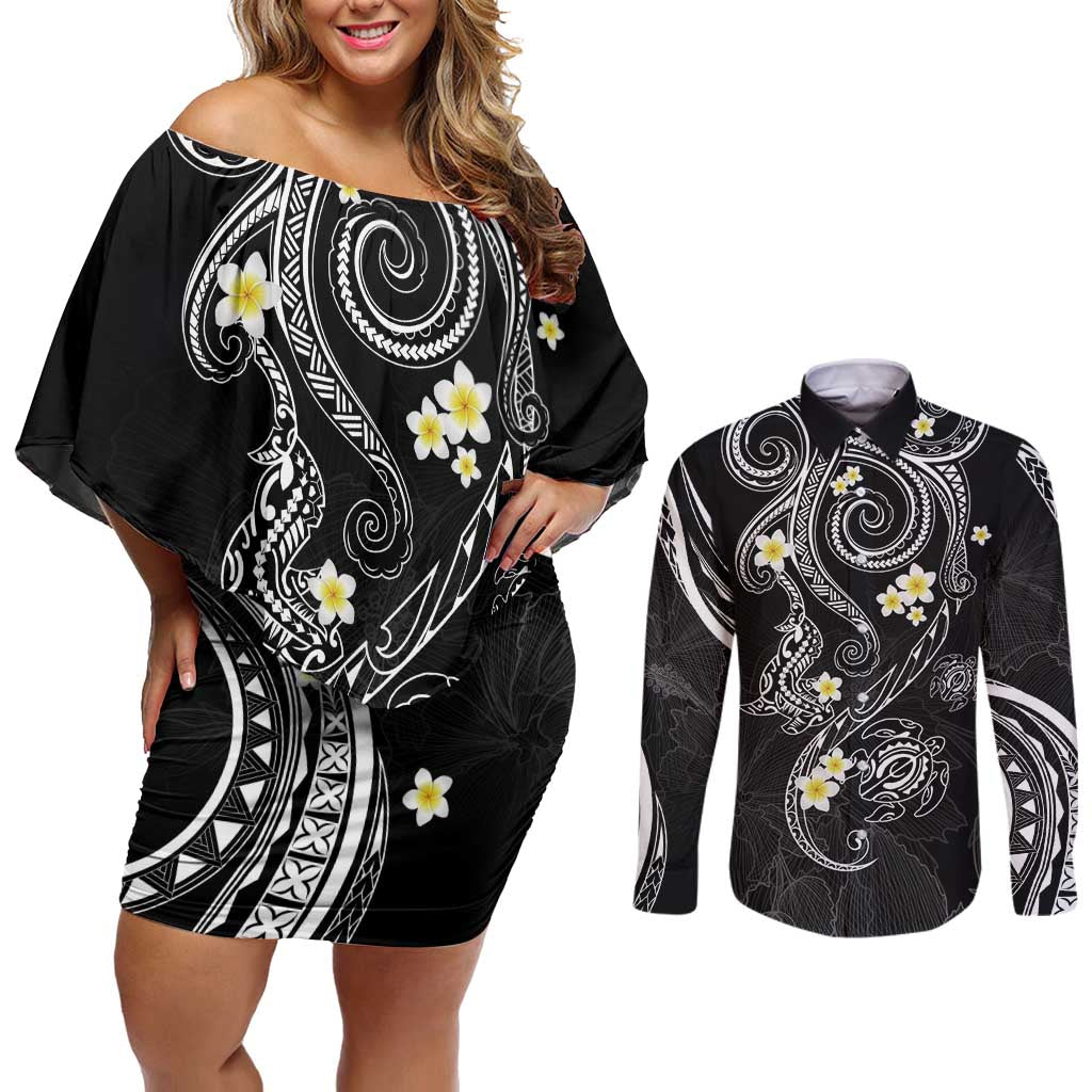 Polynesia Tribal Couples Matching Off Shoulder Short Dress and Long Sleeve Button Shirt Tentacles Plumeria