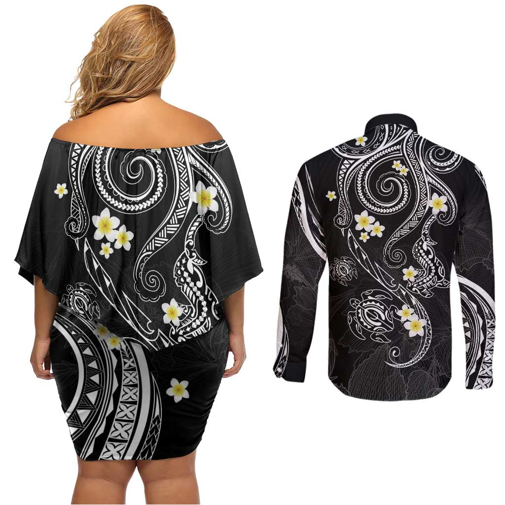 Polynesia Tribal Couples Matching Off Shoulder Short Dress and Long Sleeve Button Shirt Tentacles Plumeria