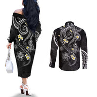 Polynesia Tribal Couples Matching Off The Shoulder Long Sleeve Dress and Long Sleeve Button Shirt Tentacles Plumeria