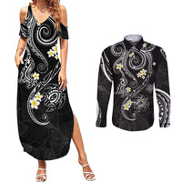 Polynesia Tribal Couples Matching Summer Maxi Dress and Long Sleeve Button Shirt Tentacles Plumeria