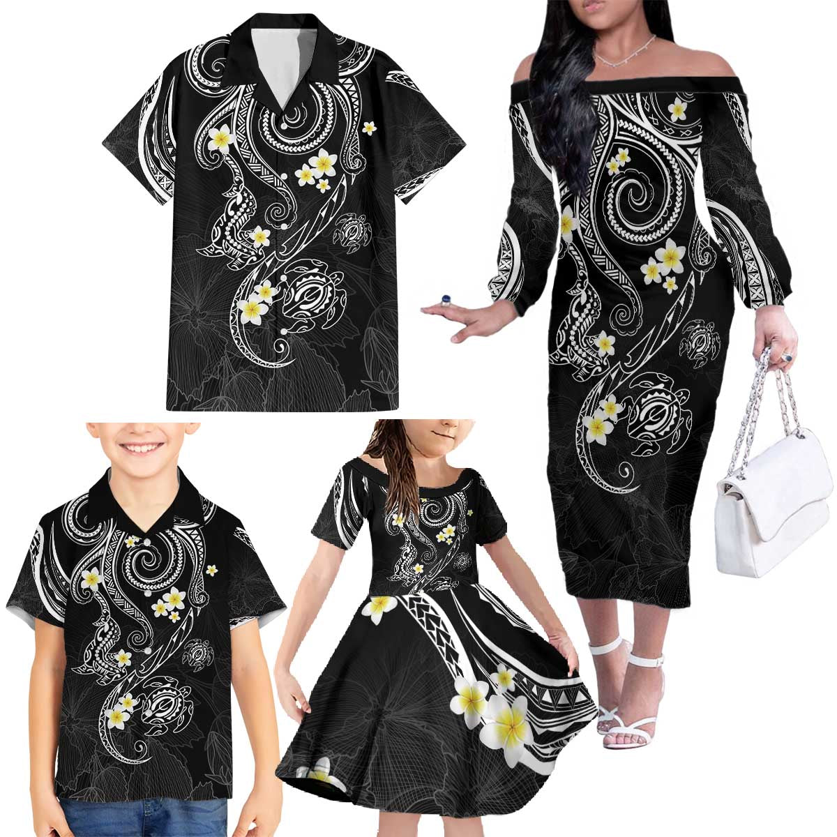 Polynesia Tribal Family Matching Off The Shoulder Long Sleeve Dress and Hawaiian Shirt Tentacles Plumeria LT7 Black - Polynesian Pride