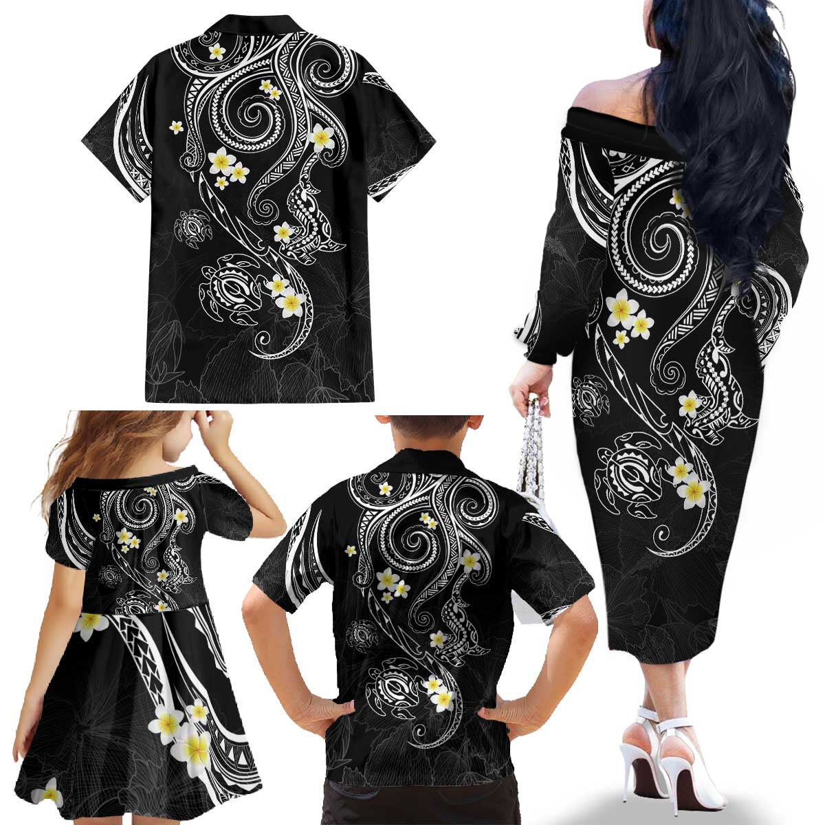 Polynesia Tribal Family Matching Off The Shoulder Long Sleeve Dress and Hawaiian Shirt Tentacles Plumeria LT7 - Polynesian Pride
