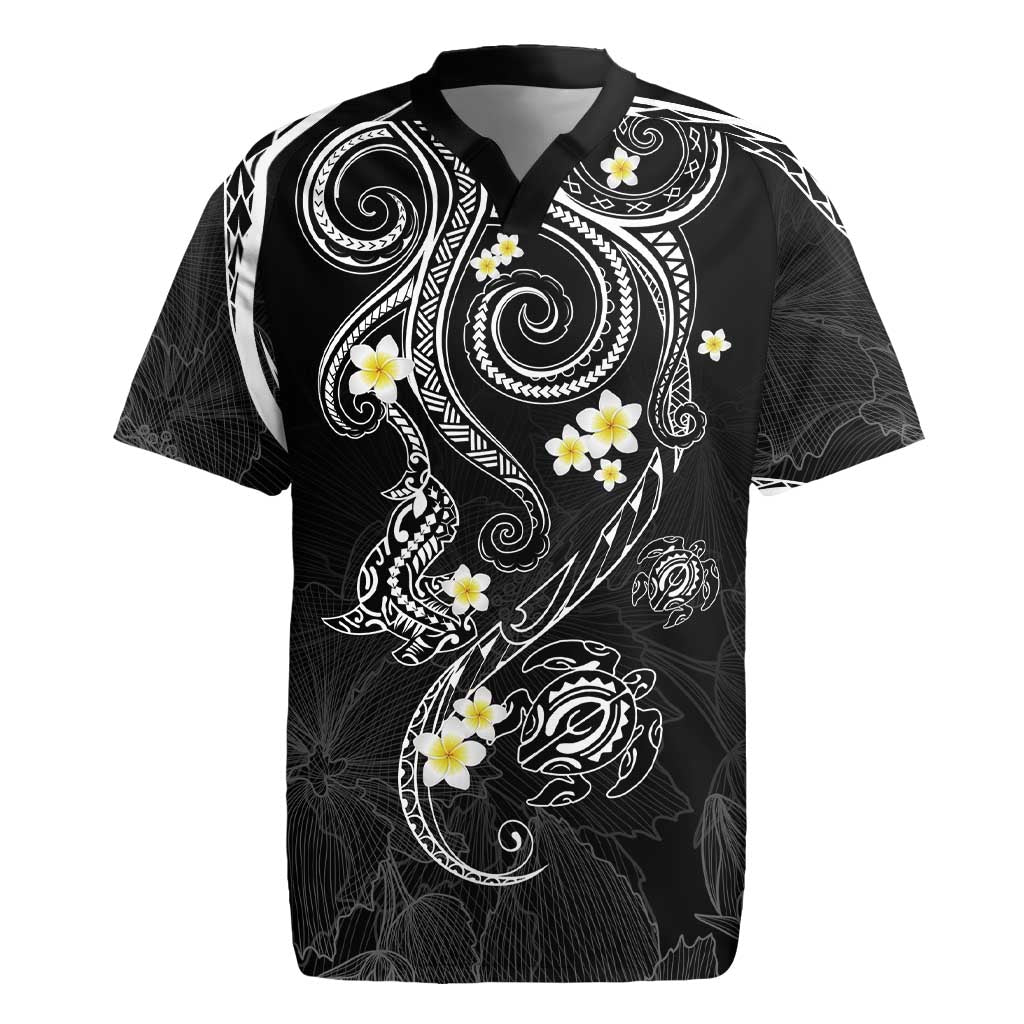 Polynesia Tribal Rugby Jersey Tentacles Plumeria LT7 Black - Polynesian Pride