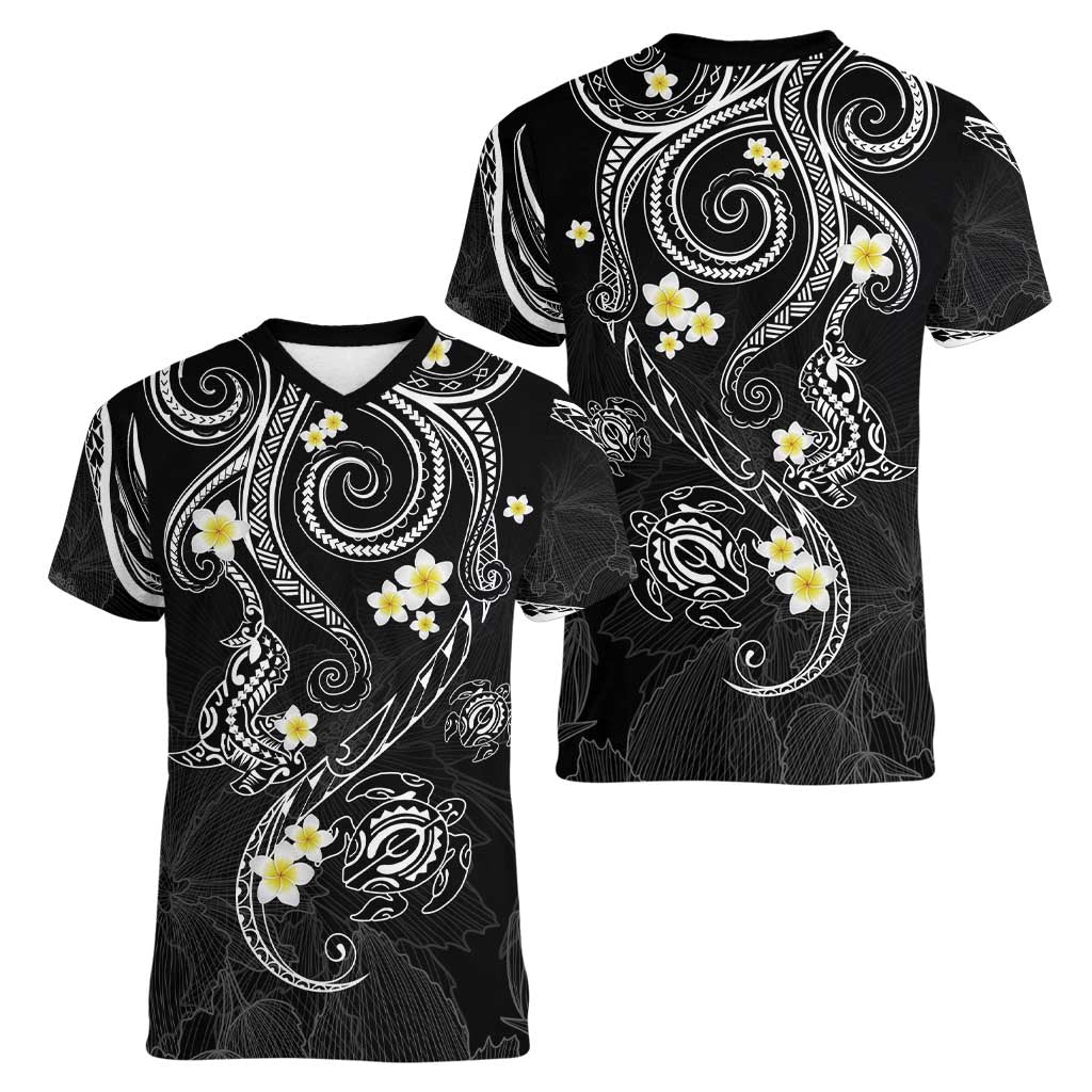 Polynesia Tribal Women V-Neck T-Shirt Tentacles Plumeria