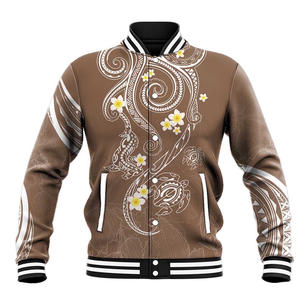 Polynesia Tribal Baseball Jacket Mocha Plumeria Tentacles