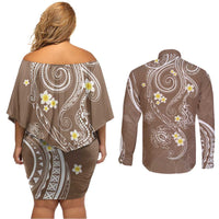 Polynesia Tribal Couples Matching Off Shoulder Short Dress and Long Sleeve Button Shirt Mocha Plumeria Tentacles