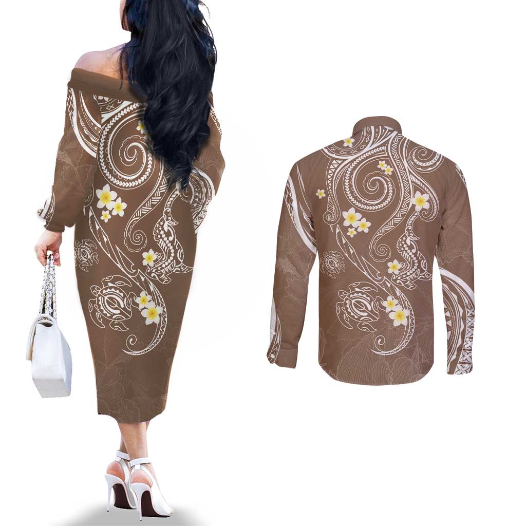 Polynesia Tribal Couples Matching Off The Shoulder Long Sleeve Dress and Long Sleeve Button Shirt Mocha Plumeria Tentacles