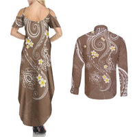 Polynesia Tribal Couples Matching Summer Maxi Dress and Long Sleeve Button Shirt Mocha Plumeria Tentacles