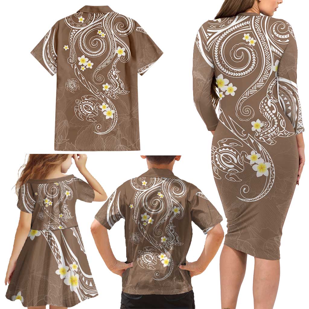 Polynesia Tribal Family Matching Long Sleeve Bodycon Dress and Hawaiian Shirt Mocha Plumeria Tentacles LT7 - Polynesian Pride