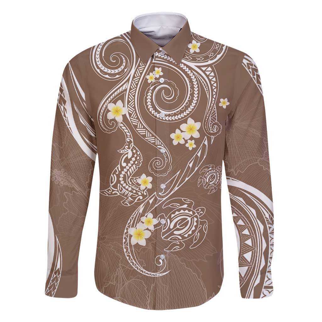 Polynesia Tribal Family Matching Long Sleeve Bodycon Dress and Hawaiian Shirt Mocha Plumeria Tentacles LT7 Dad's Shirt - Long Sleeve Mocha - Polynesian Pride