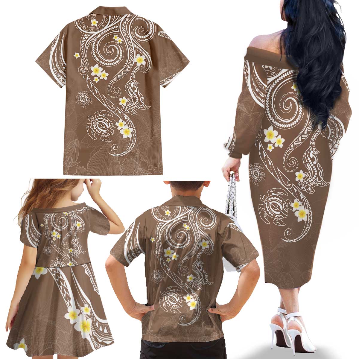 Polynesia Tribal Family Matching Off The Shoulder Long Sleeve Dress and Hawaiian Shirt Mocha Plumeria Tentacles LT7 - Polynesian Pride