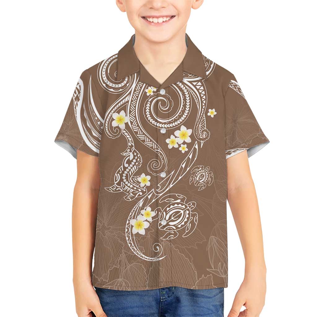 Polynesia Tribal Family Matching Off Shoulder Short Dress and Hawaiian Shirt Mocha Plumeria Tentacles