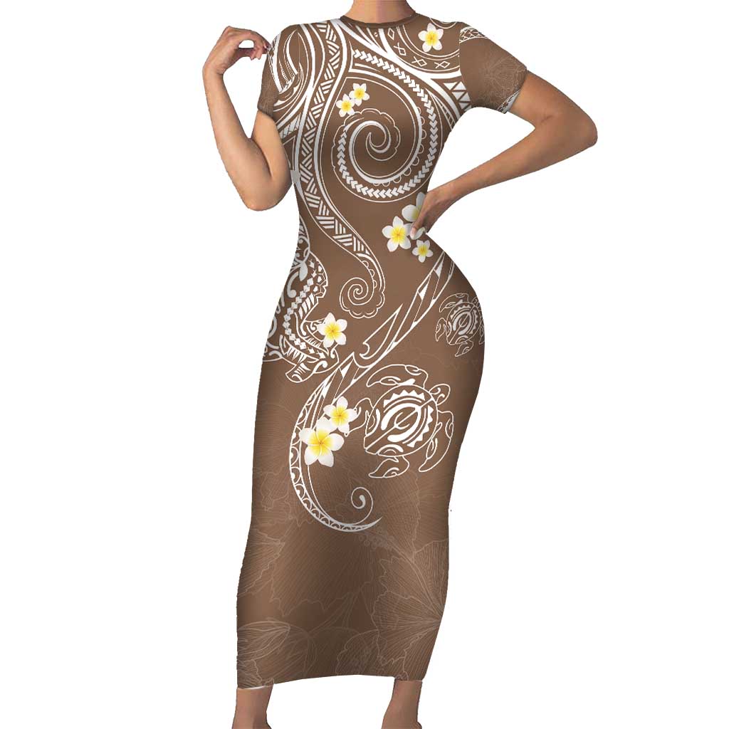 Polynesia Tribal Family Matching Short Sleeve Bodycon Dress and Hawaiian Shirt Mocha Plumeria Tentacles LT7 Mom's Dress Mocha - Polynesian Pride