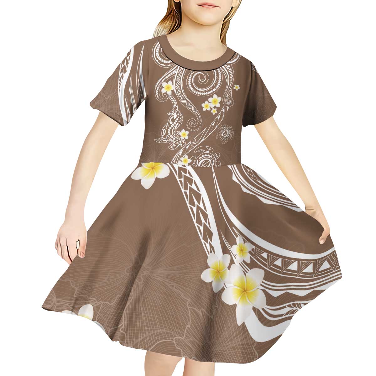 Polynesia Tribal Kid Short Sleeve Dress Mocha Plumeria Tentacles