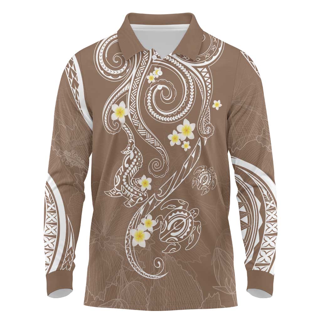 Polynesia Tribal Long Sleeve Polo Shirt Mocha Plumeria Tentacles
