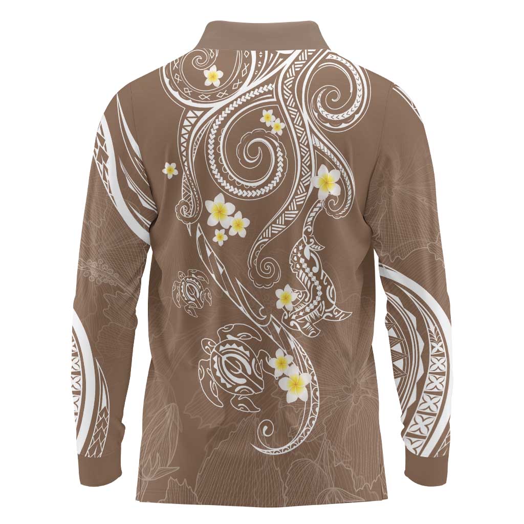 Polynesia Tribal Long Sleeve Polo Shirt Mocha Plumeria Tentacles