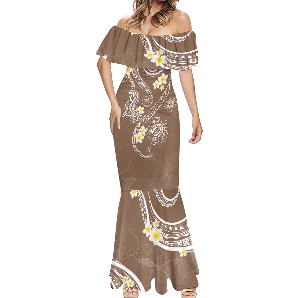 Polynesia Tribal Mermaid Dress Mocha Plumeria Tentacles