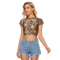 Polynesia Tribal Raglan Cropped T Shirt Mocha Plumeria Tentacles