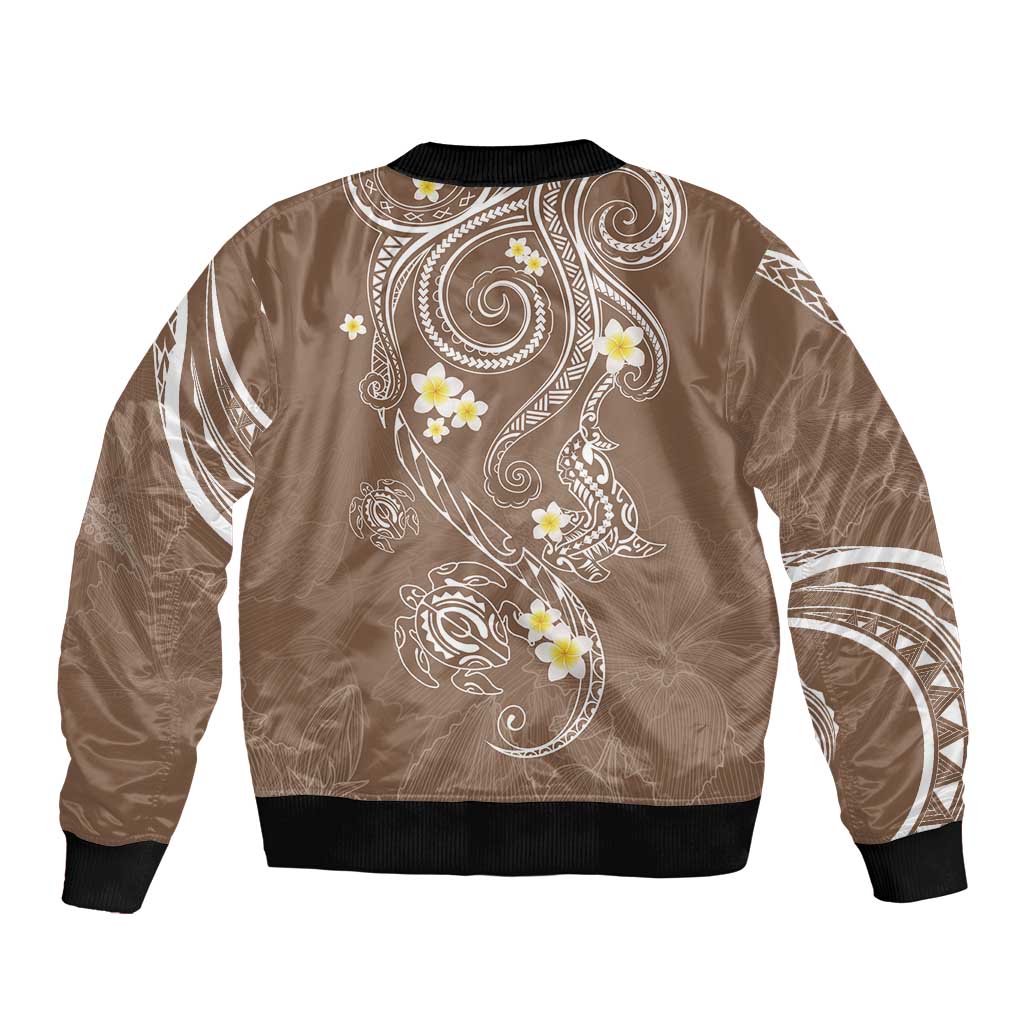 Polynesia Tribal Sleeve Zip Bomber Jacket Mocha Plumeria Tentacles