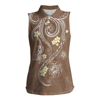 Polynesia Tribal Women Sleeveless Polo Shirt Mocha Plumeria Tentacles