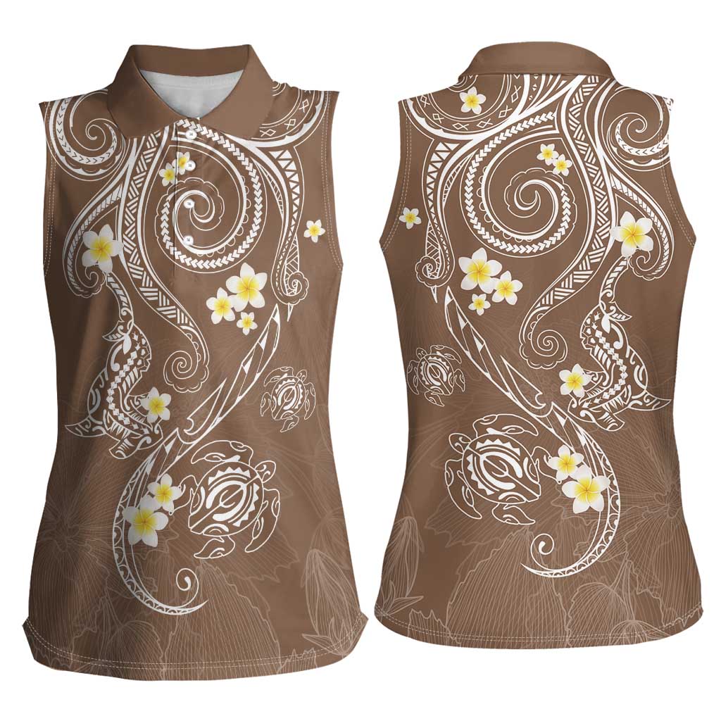 Polynesia Tribal Women Sleeveless Polo Shirt Mocha Plumeria Tentacles