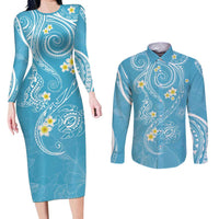 Polynesia Tribal Couples Matching Long Sleeve Bodycon Dress and Long Sleeve Button Shirt Turquoise Plumeria Tentacles