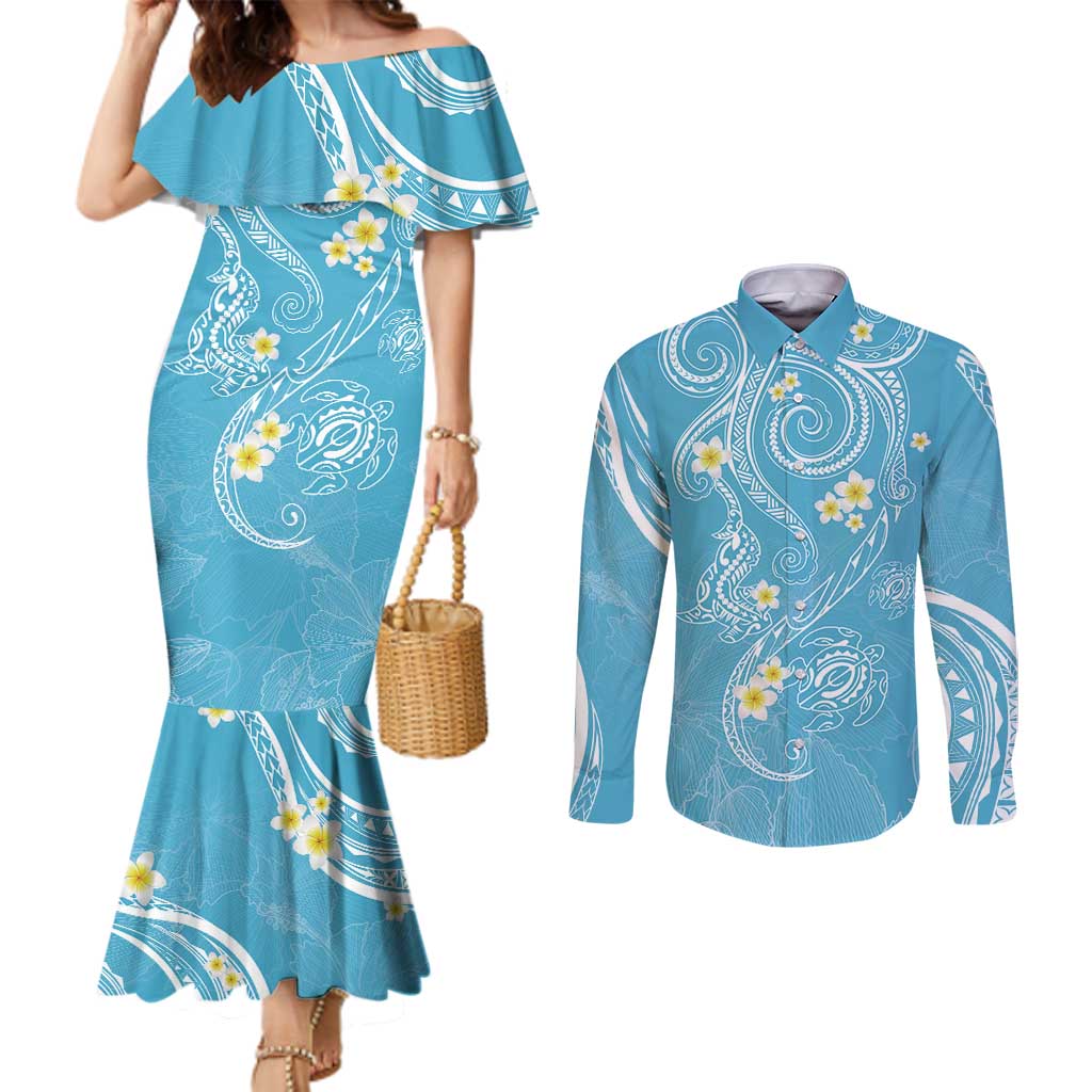 Polynesia Tribal Couples Matching Mermaid Dress and Long Sleeve Button Shirt Turquoise Plumeria Tentacles
