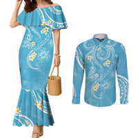 Polynesia Tribal Couples Matching Mermaid Dress and Long Sleeve Button Shirt Turquoise Plumeria Tentacles