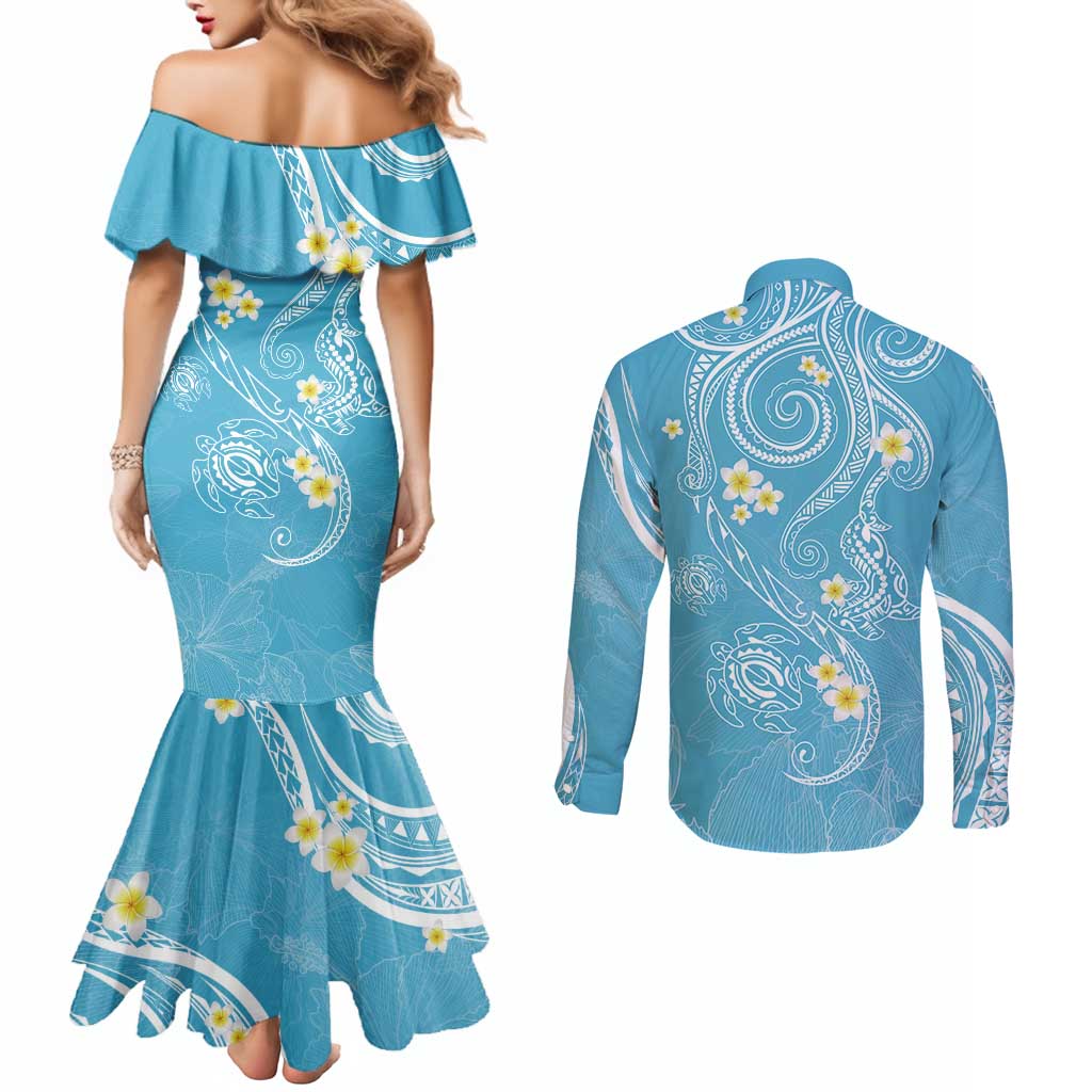 Polynesia Tribal Couples Matching Mermaid Dress and Long Sleeve Button Shirt Turquoise Plumeria Tentacles