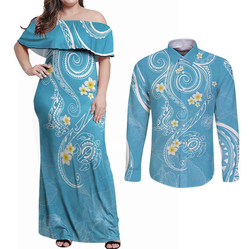 Polynesia Tribal Couples Matching Off Shoulder Maxi Dress and Long Sleeve Button Shirt Turquoise Plumeria Tentacles