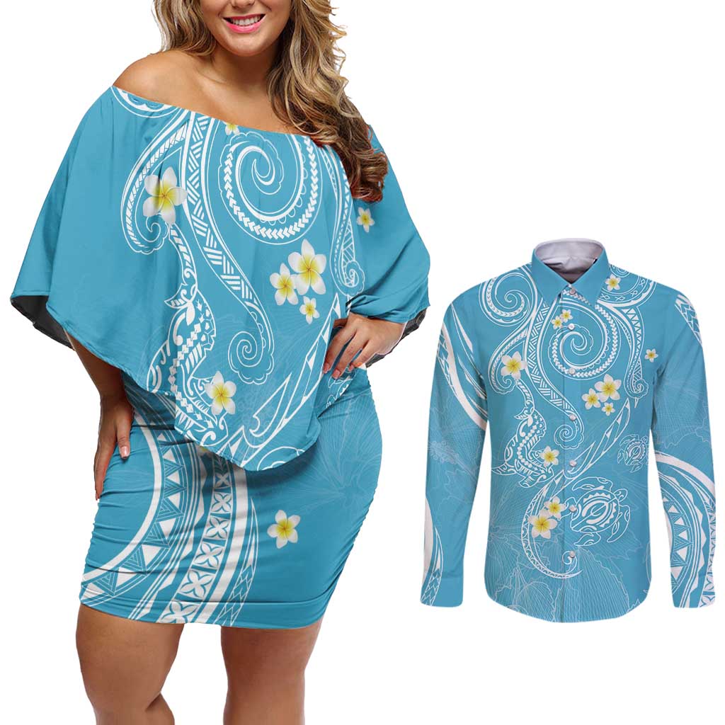Polynesia Tribal Couples Matching Off Shoulder Short Dress and Long Sleeve Button Shirt Turquoise Plumeria Tentacles