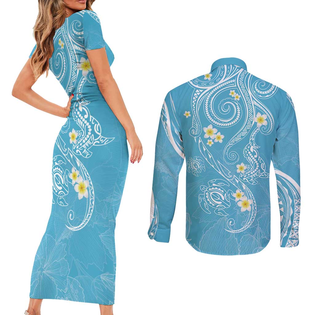 Polynesia Tribal Couples Matching Short Sleeve Bodycon Dress and Long Sleeve Button Shirt Turquoise Plumeria Tentacles