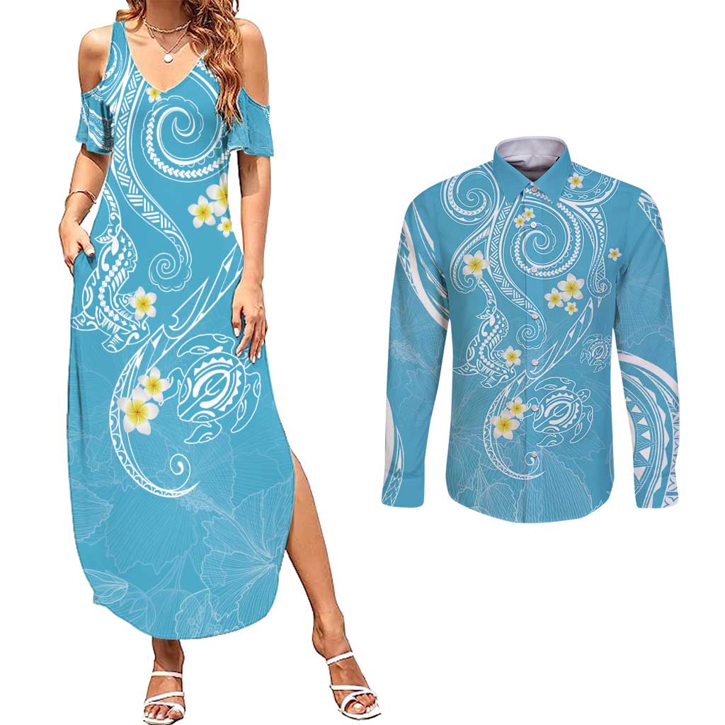 Polynesia Tribal Couples Matching Summer Maxi Dress and Long Sleeve Button Shirt Turquoise Plumeria Tentacles