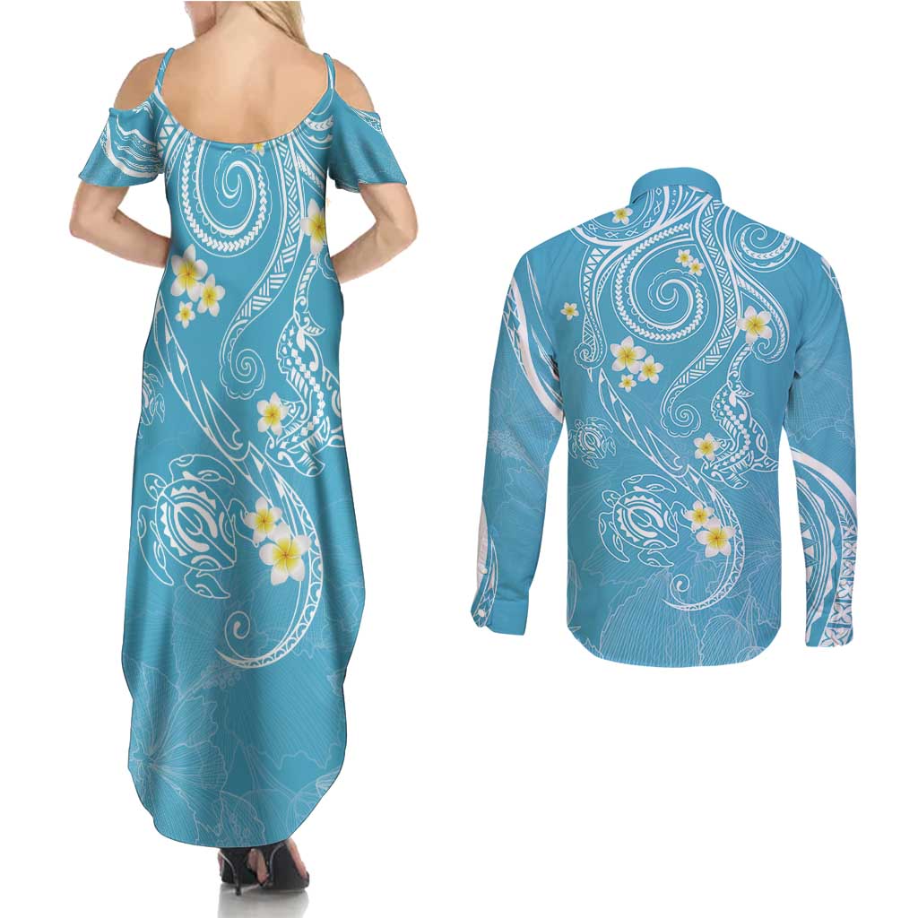 Polynesia Tribal Couples Matching Summer Maxi Dress and Long Sleeve Button Shirt Turquoise Plumeria Tentacles