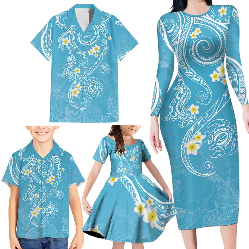 Polynesia Tribal Family Matching Long Sleeve Bodycon Dress and Hawaiian Shirt Turquoise Plumeria Tentacles LT7 - Polynesian Pride