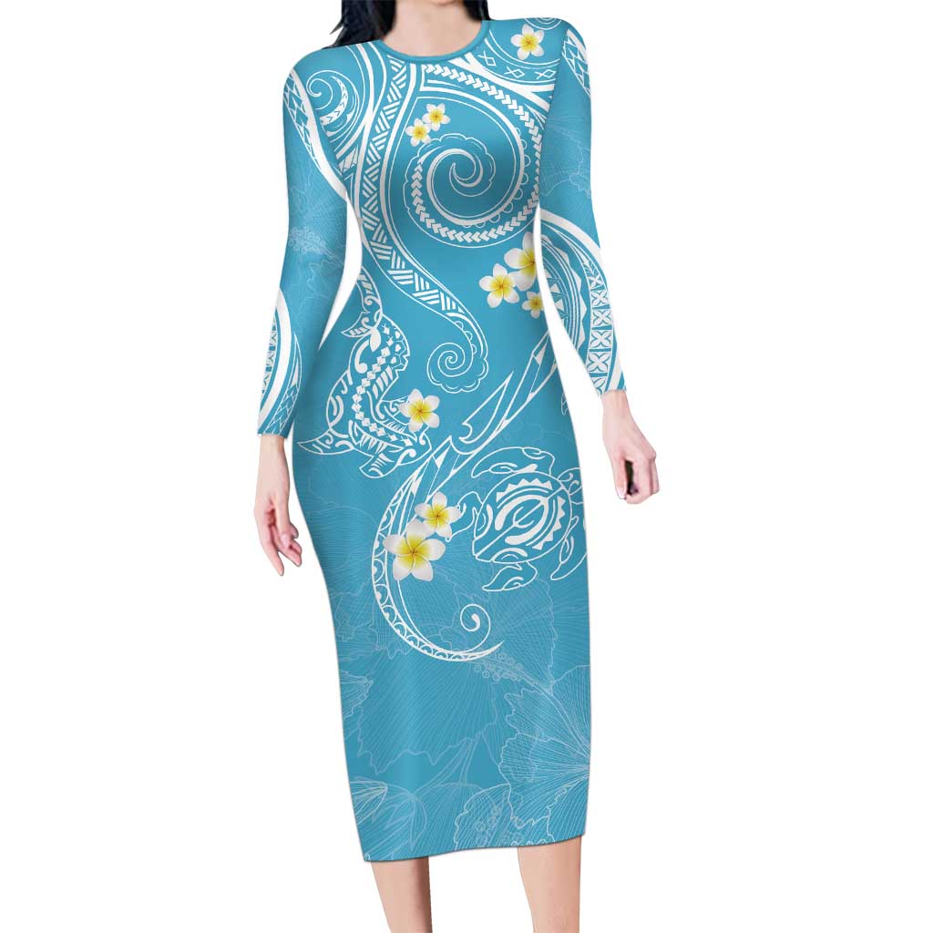 Polynesia Tribal Family Matching Long Sleeve Bodycon Dress and Hawaiian Shirt Turquoise Plumeria Tentacles LT7 Mom's Dress Turquoise - Polynesian Pride