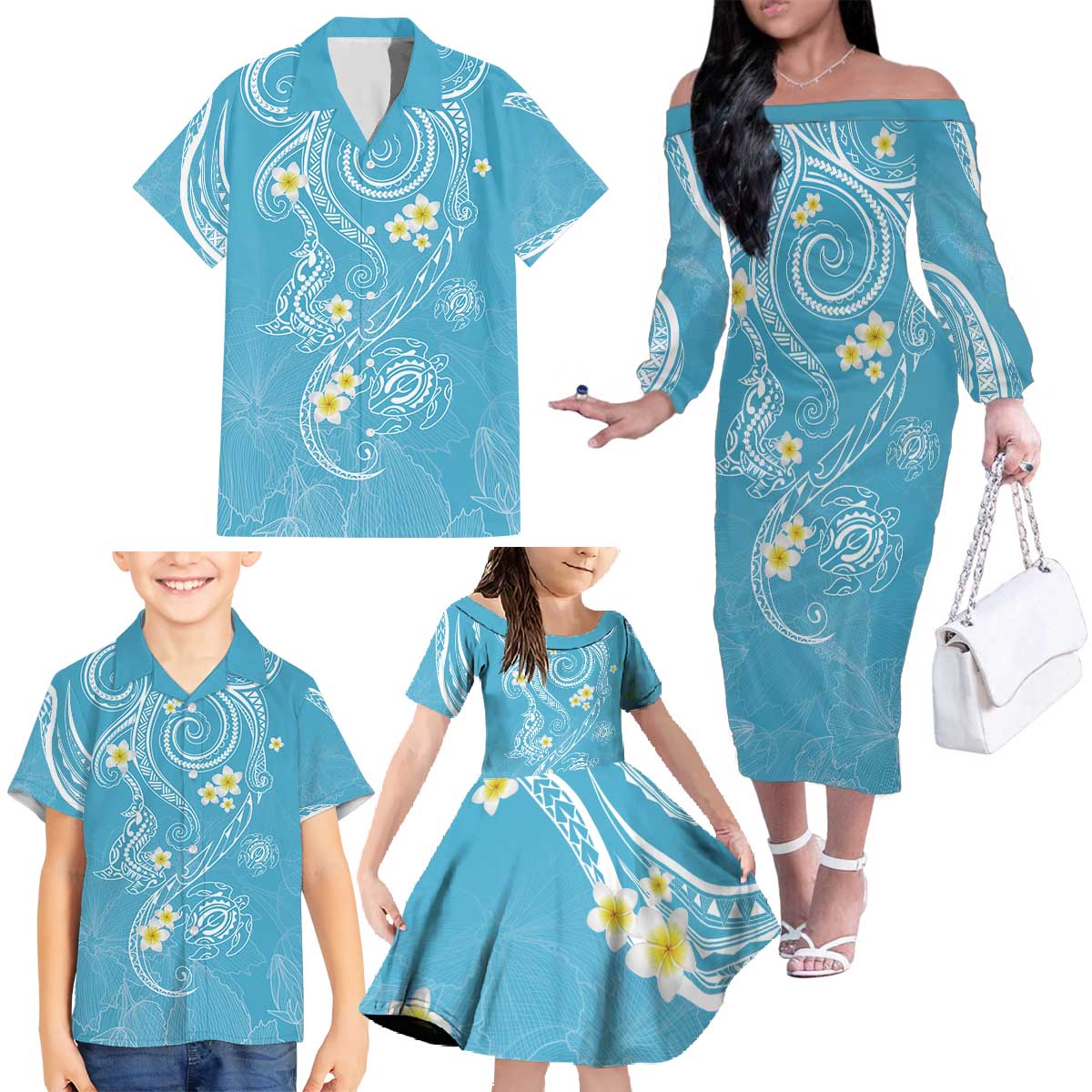 Polynesia Tribal Family Matching Off The Shoulder Long Sleeve Dress and Hawaiian Shirt Turquoise Plumeria Tentacles LT7 Turquoise - Polynesian Pride