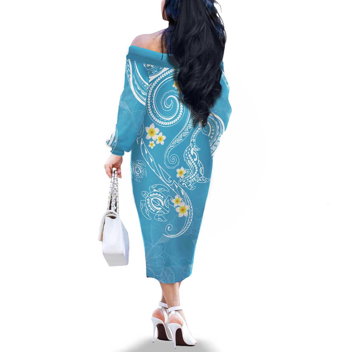 Polynesia Tribal Family Matching Off The Shoulder Long Sleeve Dress and Hawaiian Shirt Turquoise Plumeria Tentacles LT7 - Polynesian Pride