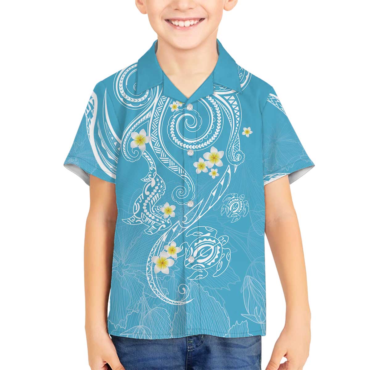 Polynesia Tribal Family Matching Off The Shoulder Long Sleeve Dress and Hawaiian Shirt Turquoise Plumeria Tentacles LT7 - Polynesian Pride