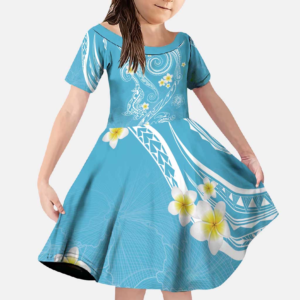 Polynesia Tribal Family Matching Short Sleeve Bodycon Dress and Hawaiian Shirt Turquoise Plumeria Tentacles LT7 Daughter's Dress Turquoise - Polynesian Pride