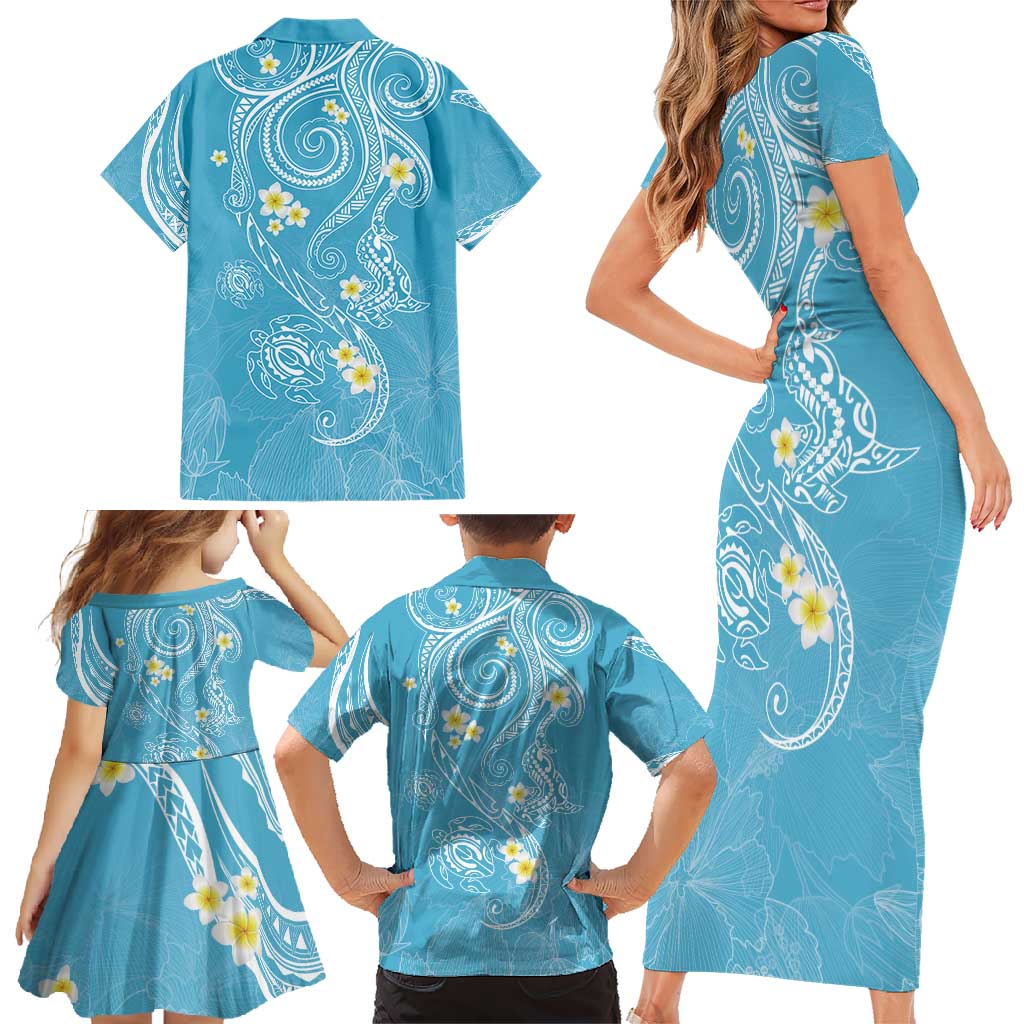 Polynesia Tribal Family Matching Short Sleeve Bodycon Dress and Hawaiian Shirt Turquoise Plumeria Tentacles LT7 - Polynesian Pride