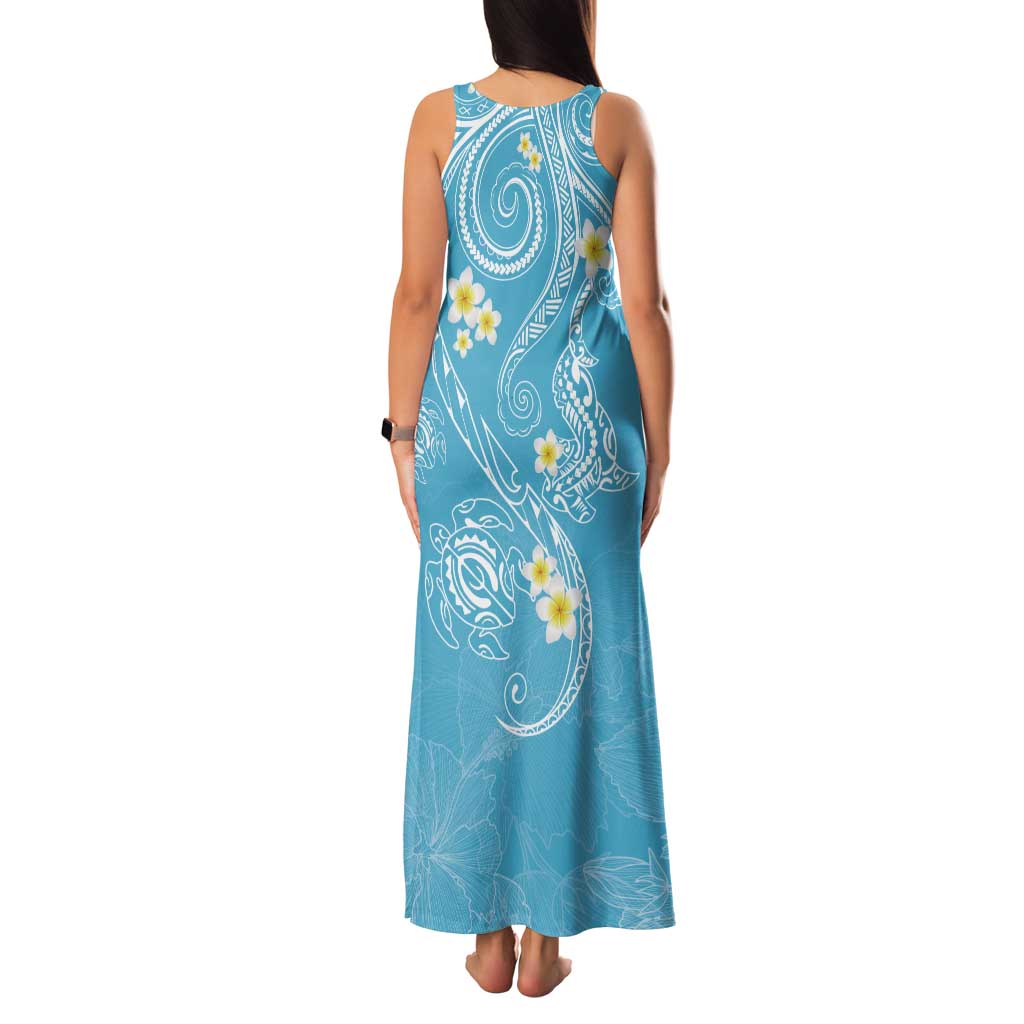 Polynesia Tribal Family Matching Tank Maxi Dress and Hawaiian Shirt Turquoise Plumeria Tentacles