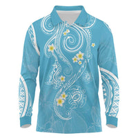 Polynesia Tribal Long Sleeve Polo Shirt Turquoise Plumeria Tentacles
