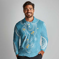 Polynesia Tribal Long Sleeve Polo Shirt Turquoise Plumeria Tentacles