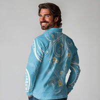 Polynesia Tribal Long Sleeve Polo Shirt Turquoise Plumeria Tentacles