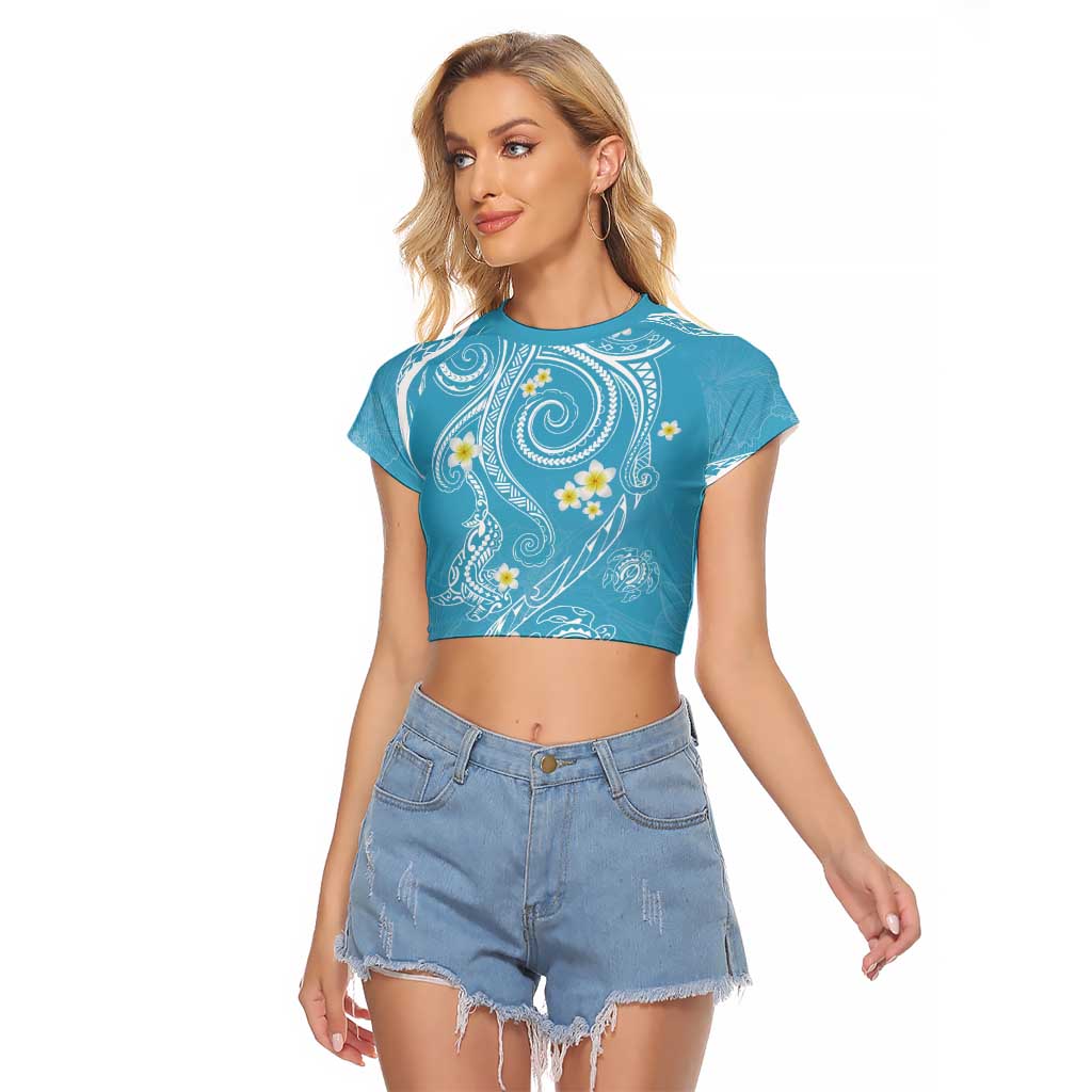 Polynesia Tribal Raglan Cropped T Shirt Turquoise Plumeria Tentacles