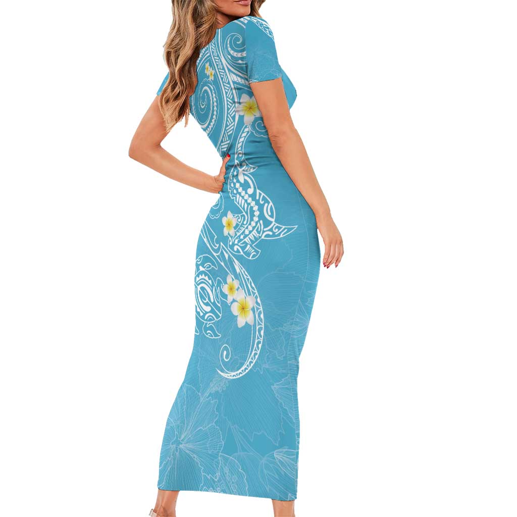 Polynesia Tribal Short Sleeve Bodycon Dress Turquoise Plumeria Tentacles LT7 - Polynesian Pride