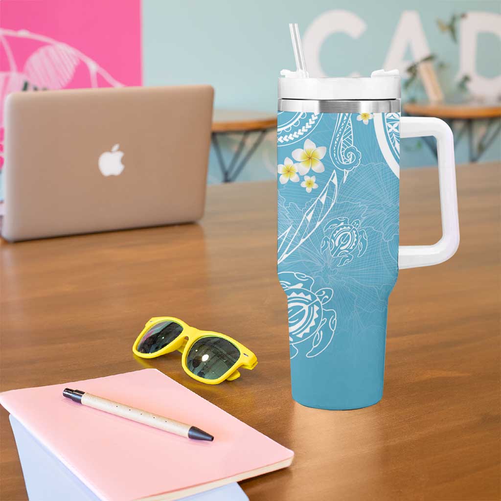 Polynesia Tribal Tumbler With Handle Turquoise Plumeria Tentacles